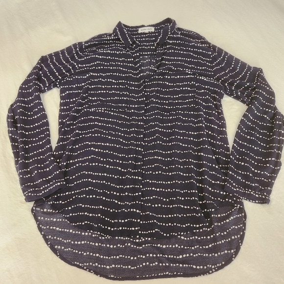 Bella Dahl Hipster Relaxed Button Down Top Shirt Blouse Navy White Dots V-neck L - Picture 11 of 12